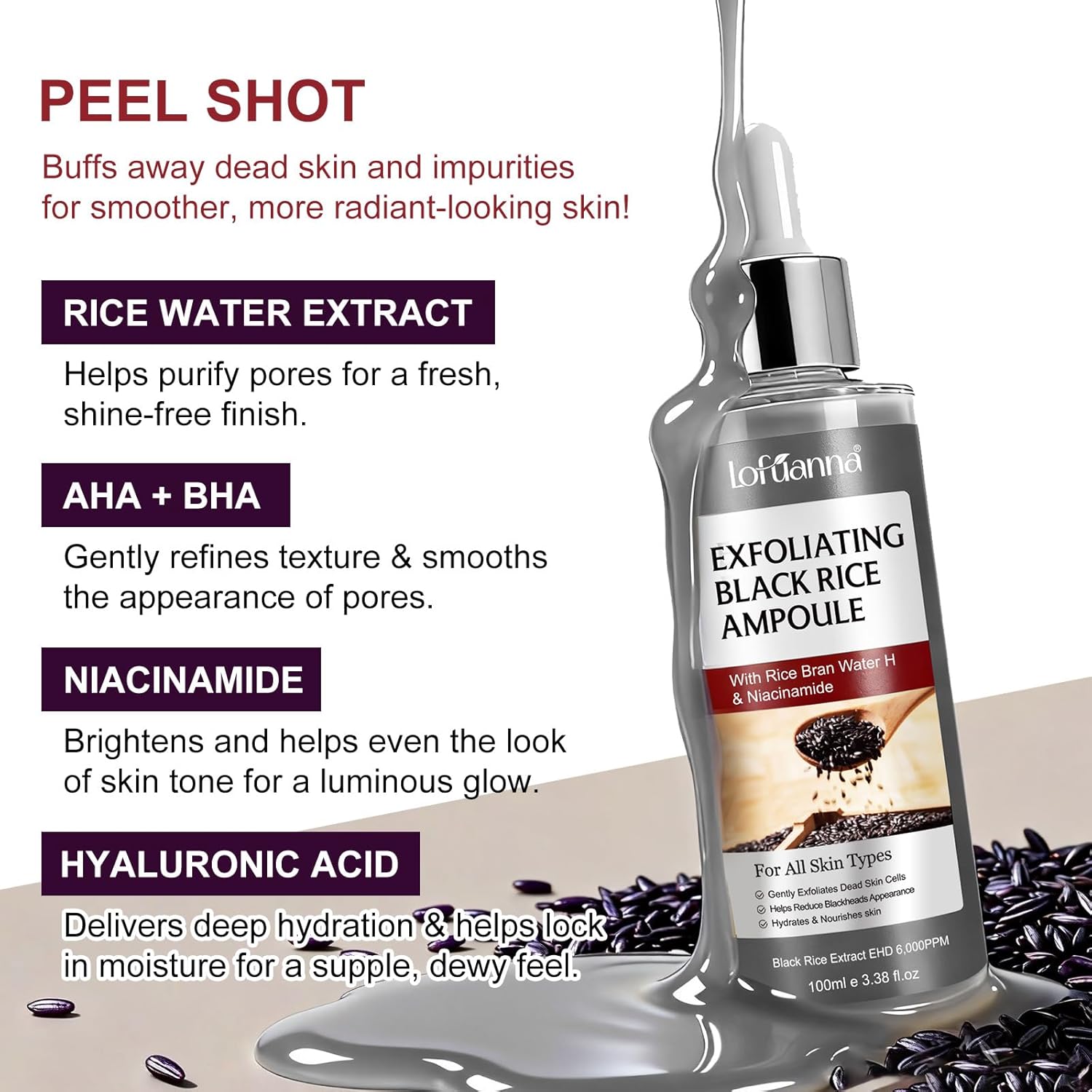 Black Rice Exfoliating Serum - Gentle Facial Scrub, Blackhead Remover & Refines Pores, Antioxidant Formula to Remove Dead Skin Cells for All Types of Skin